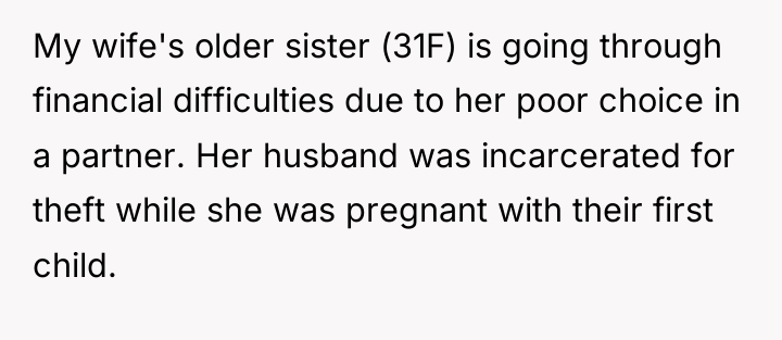 My wife's older sister (31F) is going through financial difficulties...