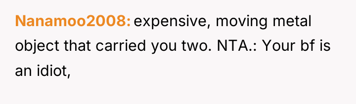 Nanamoo2008 expensive, moving metal object that carried you two. NTA.:...