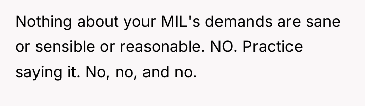 Nothing about your MIL's demands are sane or sensible or...