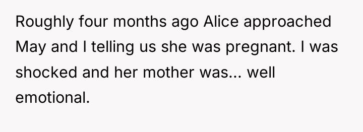 Roughly four months ago Alice approached May and I telling...
