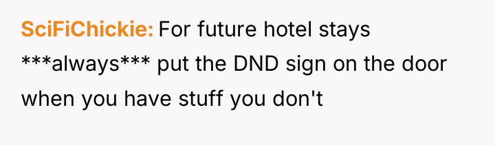 SciFiChickie For future hotel stays ***always*** put the DND sign...