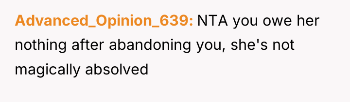 Advanced_Opinion_639 NTA you owe her nothing after abandoning you, she's...