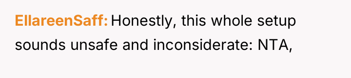 EllareenSaff Honestly, this whole setup sounds unsafe and inconsiderate: NTA,