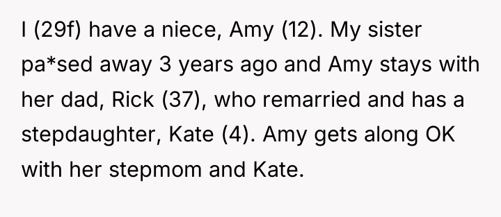 I (29f) have a niece, Amy (12). My sister pa*sed...