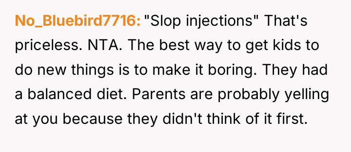 No_Bluebird7716 "Slop injections" That's priceless. NTA. The best way to...