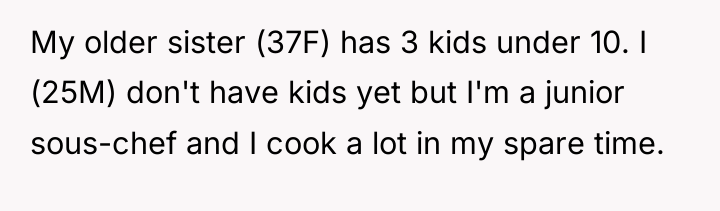 My older sister (37F) has 3 kids under 10. I...
