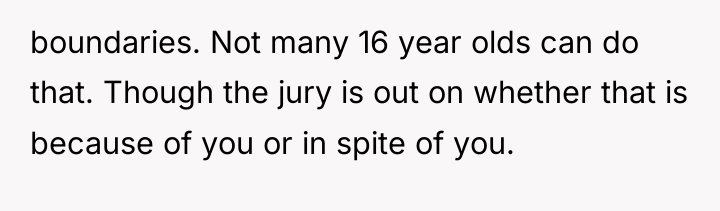 boundaries. Not many 16 year olds can do that. Though...