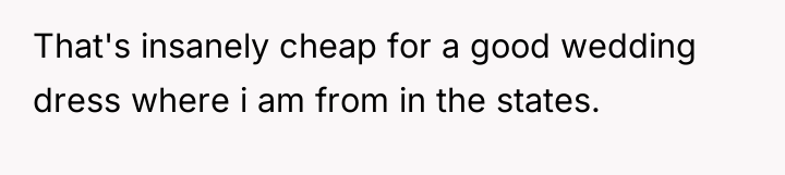 That's insanely cheap for a good wedding dress where i...