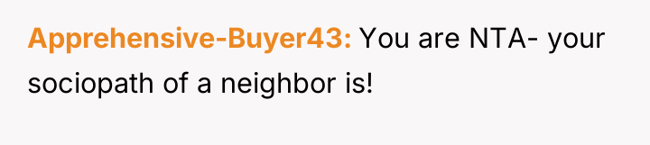 Apprehensive-Buyer43 You are NTA- your sociopath of a neighbor is!