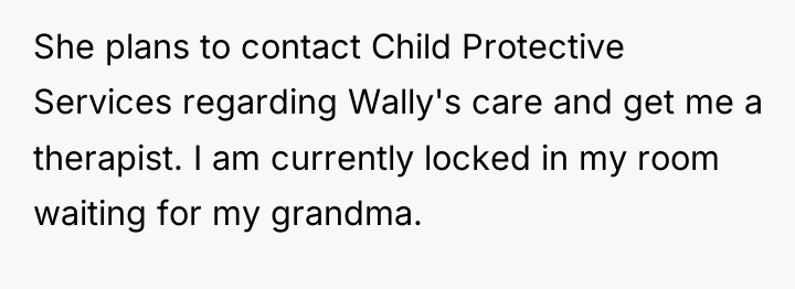 She plans to contact Child Protective Services regarding Wally's care...