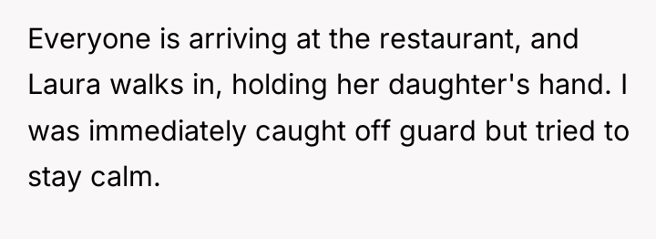 Everyone is arriving at the restaurant, and Laura walks in,...