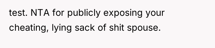 test. NTA for publicly exposing your cheating, lying sack of...