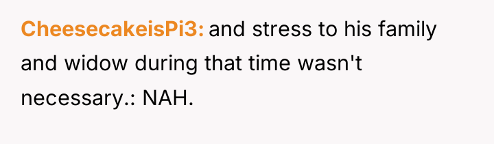 CheesecakeisPi3 and stress to his family and widow during that...