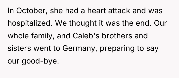 In October, she had a heart attack and was hospitalized....