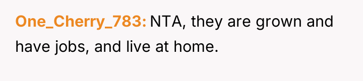 One_Cherry_783 NTA, they are grown and have jobs, and live...
