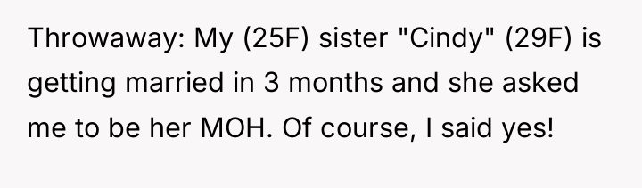 Throwaway: My (25F) sister "Cindy" (29F) is getting married in...
