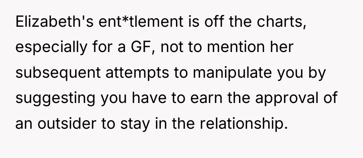 Elizabeth's ent*tlement is off the charts, especially for a GF,...