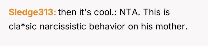 Sledge313 then it's cool.: NTA. This is cla*sic narcissistic behavior...
