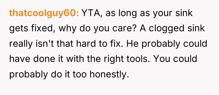 thatcoolguy60 YTA, as long as your sink gets fixed, why...