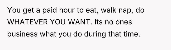 You get a paid hour to eat, walk nap, do...