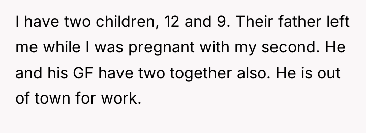 I have two children, 12 and 9. Their father left...