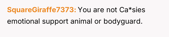 SquareGiraffe7373 You are not Ca*sies emotional support animal or bodyguard.