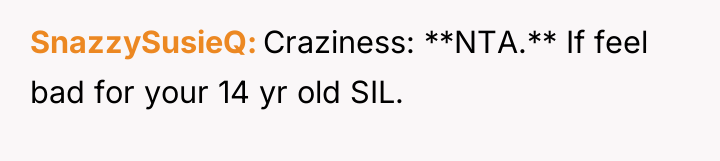 SnazzySusieQ Craziness: **NTA.** If feel bad for your 14 yr...