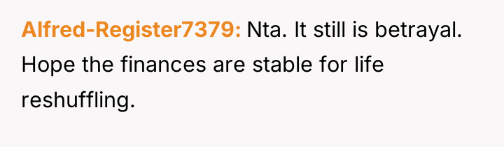 Alfred-Register7379 Nta. It still is betrayal. Hope the finances are...