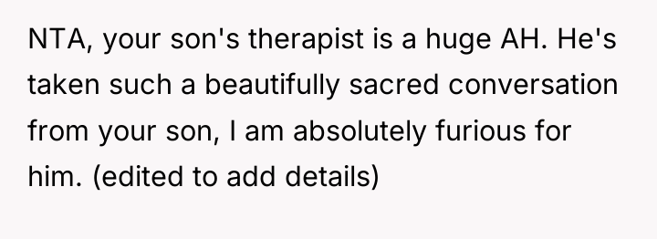 NTA, your son's therapist is a huge AH. He's taken...