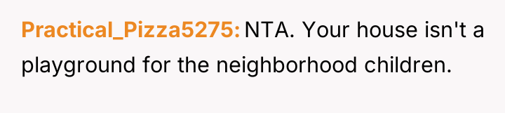 Practical_Pizza5275 NTA. Your house isn't a playground for the neighborhood...