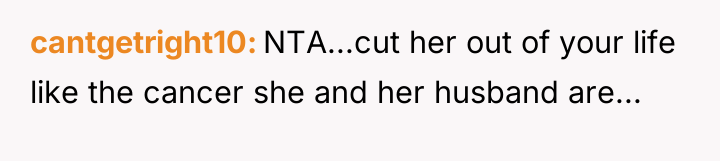 cantgetright10 NTA...cut her out of your life like the cancer...