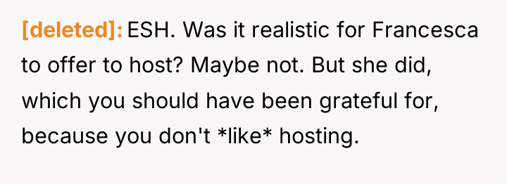 [deleted] ESH. Was it realistic for Francesca to offer to...