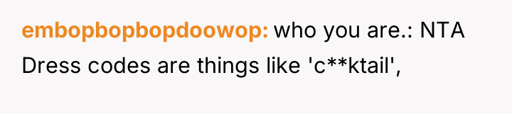 embopbopbopdoowop who you are.: NTA Dress codes are things like...