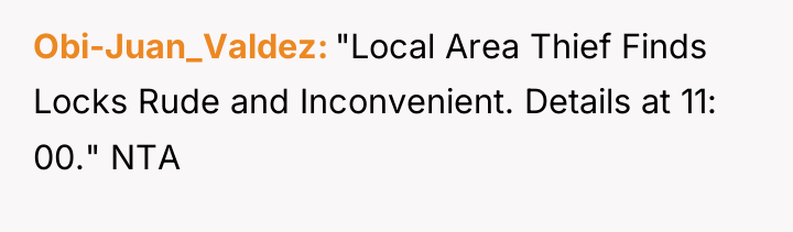 Obi-Juan_Valdez "Local Area Thief Finds Locks Rude and Inconvenient. Details...