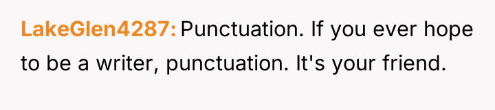 LakeGlen4287 Punctuation. If you ever hope to be a writer,...