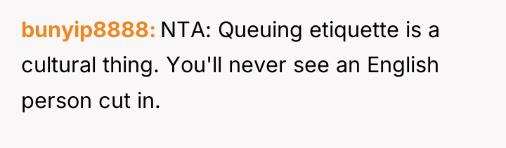 bunyip8888 NTA: Queuing etiquette is a cultural thing. You'll never...
