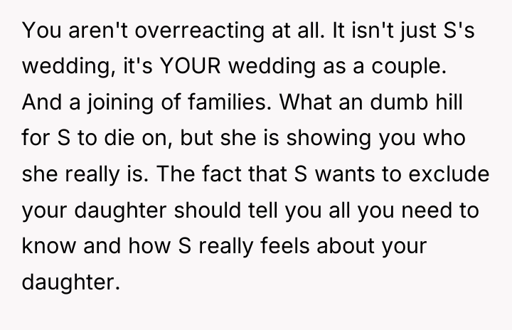 You aren't overreacting at all. It isn't just S's wedding,...