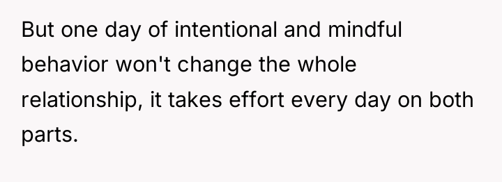 But one day of intentional and mindful behavior won't change...