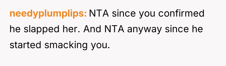 needyplumplips NTA since you confirmed he slapped her. And NTA...