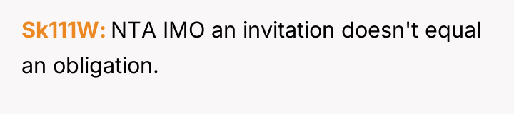 Sk111W NTA IMO an invitation doesn't equal an obligation.
