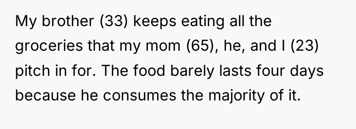 My brother (33) keeps eating all the groceries that my...