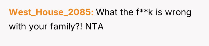 West_House_2085 What the f**k is wrong with your family?! NTA
