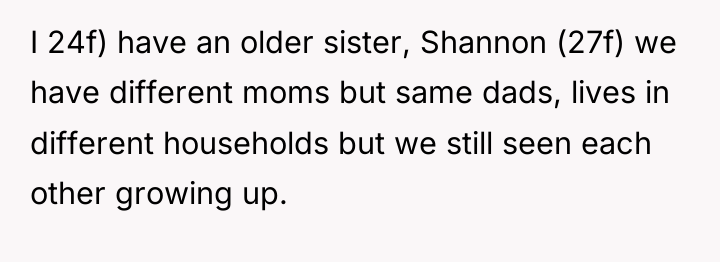 I 24f) have an older sister, Shannon (27f) we have...