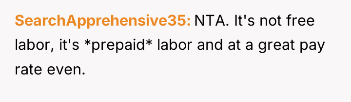 SearchApprehensive35 NTA. It's not free labor, it's *prepaid* labor and...