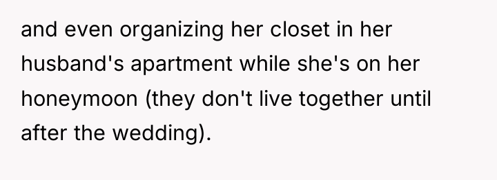 and even organizing her closet in her husband's apartment while...