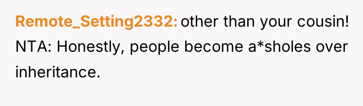 Remote_Setting2332 other than your cousin! NTA: Honestly, people become a*sholes...