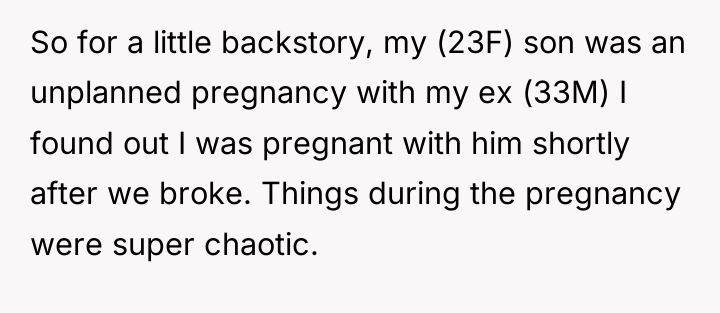 So for a little backstory, my (23F) son was an...