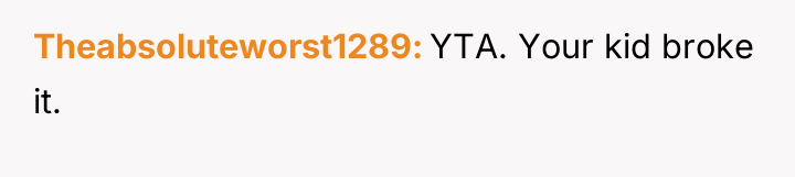 Theabsoluteworst1289 YTA. Your kid broke it.