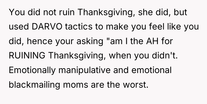 You did not ruin Thanksgiving, she did, but used DARVO...