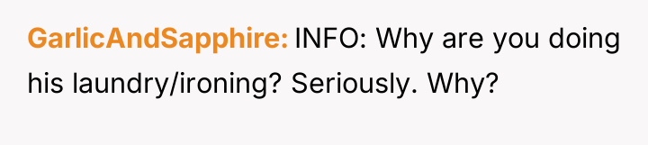 GarlicAndSapphire INFO: Why are you doing his laundry/ironing? Seriously. Why?
